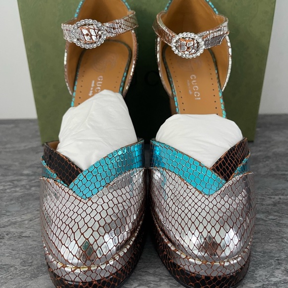 Brand New Gucci Multi 648695 Python Print Metallic Leather Platform Pumps 39.5 - Picture 3 of 7